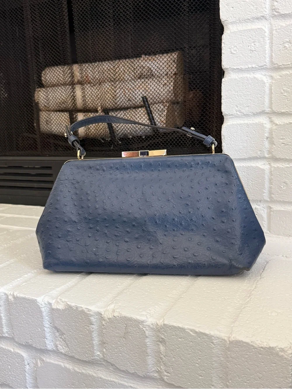 Kate Spade Victoria Falls Madeline Satchel Blue Ostrich Embossed Leather Bag